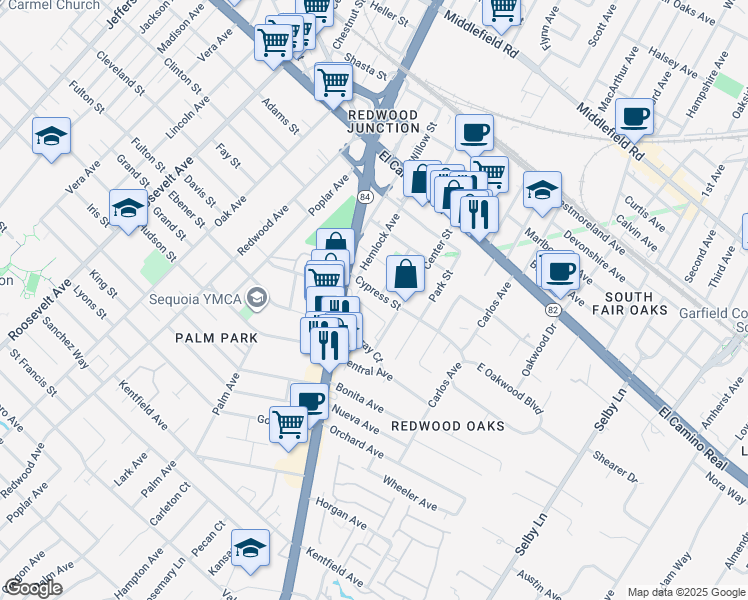 map of restaurants, bars, coffee shops, grocery stores, and more near in Woodside