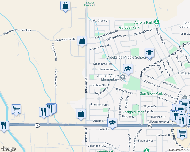 map of restaurants, bars, coffee shops, grocery stores, and more near 1453 Mendocino Creek Drive in Patterson
