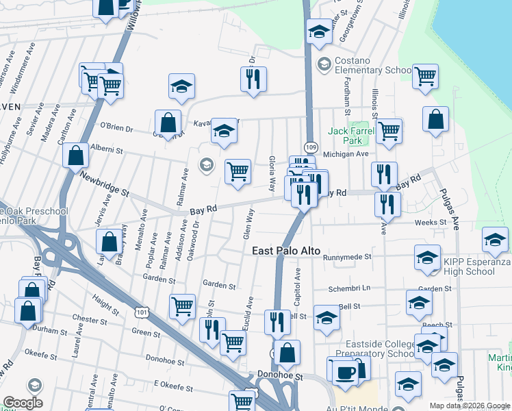 map of restaurants, bars, coffee shops, grocery stores, and more near 2396 Glen Way in East Palo Alto