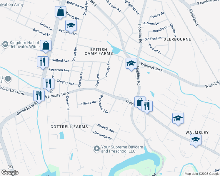 map of restaurants, bars, coffee shops, grocery stores, and more near 3550 Clydewood Ave in Richmond