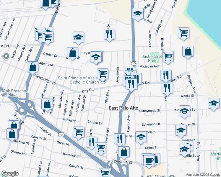 map of restaurants, bars, coffee shops, grocery stores, and more near 2396 Glen Way in East Palo Alto
