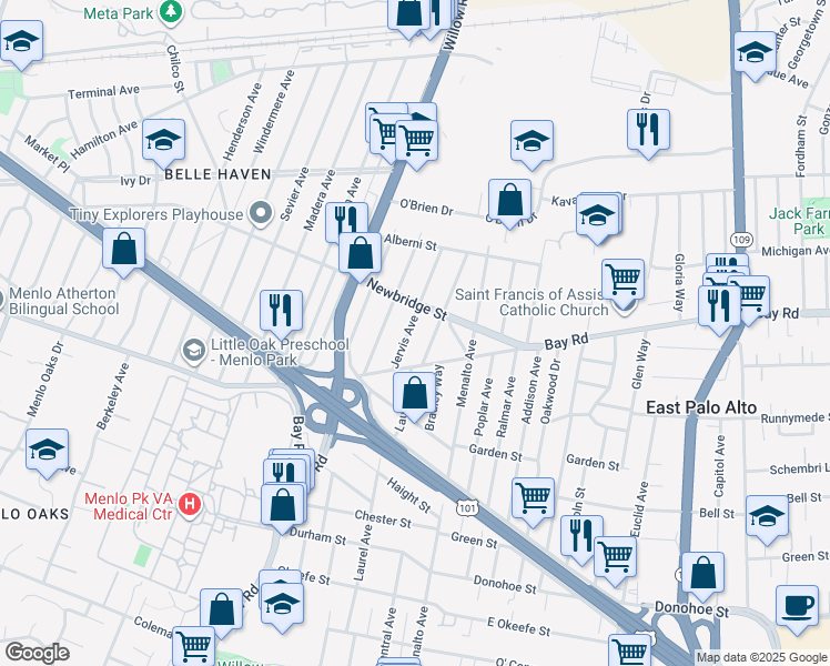 map of restaurants, bars, coffee shops, grocery stores, and more near 1156 Jervis Avenue in East Palo Alto