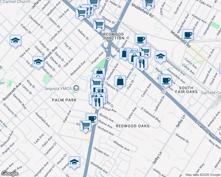 map of restaurants, bars, coffee shops, grocery stores, and more near 334 Mcevoy Street in Redwood City