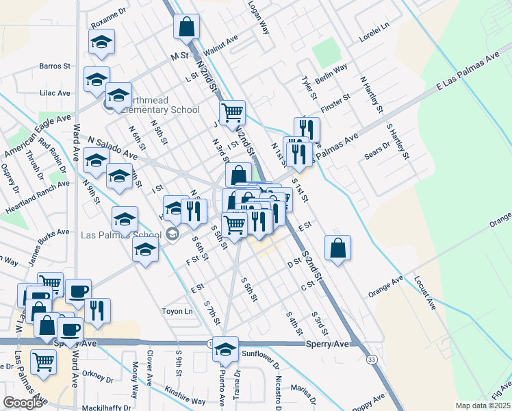 map of restaurants, bars, coffee shops, grocery stores, and more near in Patterson