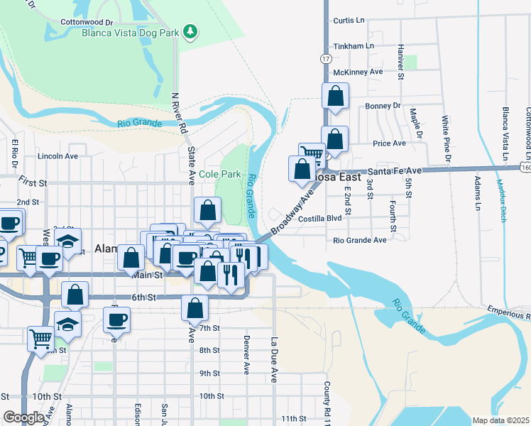map of restaurants, bars, coffee shops, grocery stores, and more near 13B Broadway Avenue in Alamosa