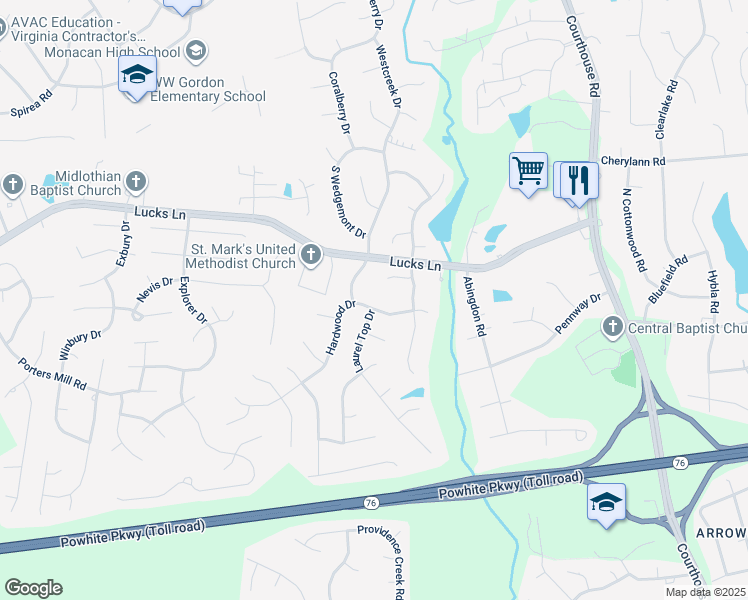 map of restaurants, bars, coffee shops, grocery stores, and more near 11430 Hardwood Drive in Midlothian