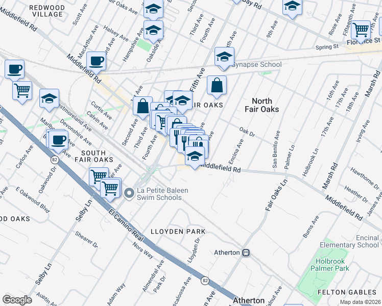 map of restaurants, bars, coffee shops, grocery stores, and more near 415 Eighth Avenue in Menlo Park