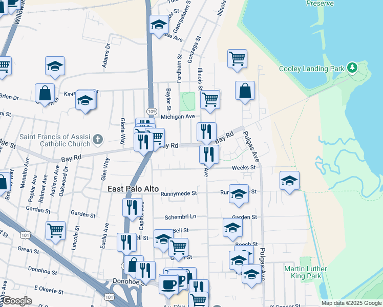 map of restaurants, bars, coffee shops, grocery stores, and more near 1760 Bay Road in East Palo Alto