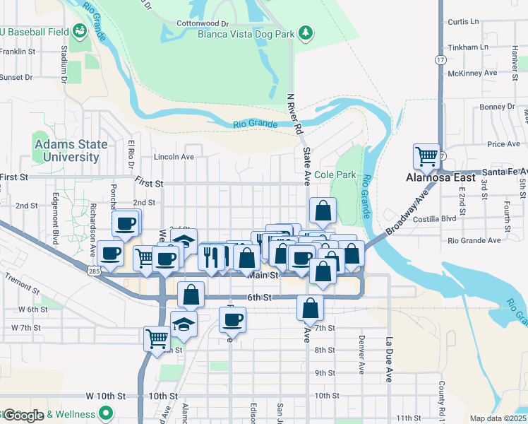 map of restaurants, bars, coffee shops, grocery stores, and more near 727 2nd Street in Alamosa