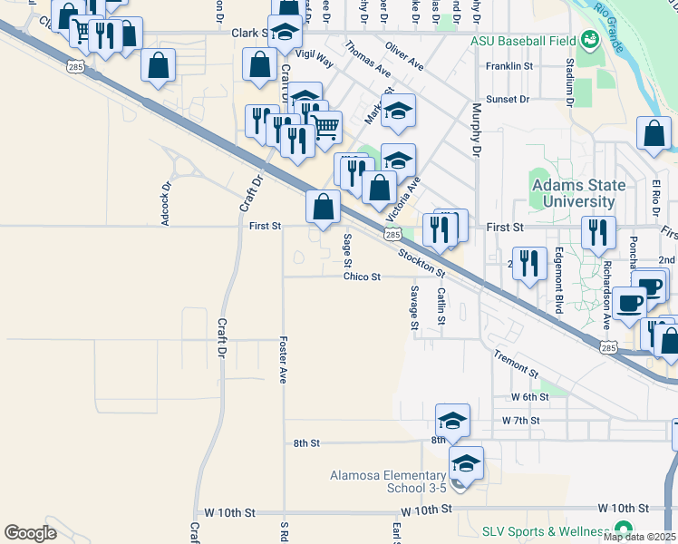 map of restaurants, bars, coffee shops, grocery stores, and more near 121 Sage Street in Alamosa