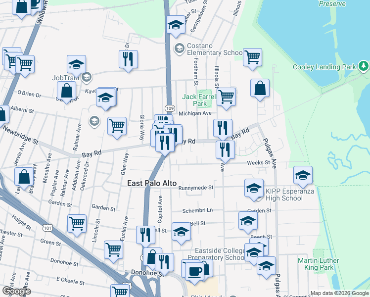 map of restaurants, bars, coffee shops, grocery stores, and more near 1670 Bay Road in East Palo Alto