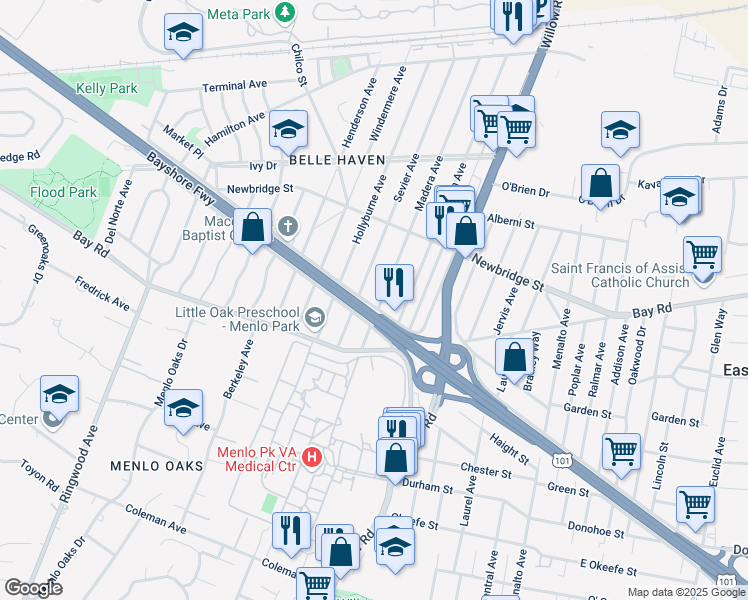 map of restaurants, bars, coffee shops, grocery stores, and more near 1104 Sevier Avenue in Menlo Park