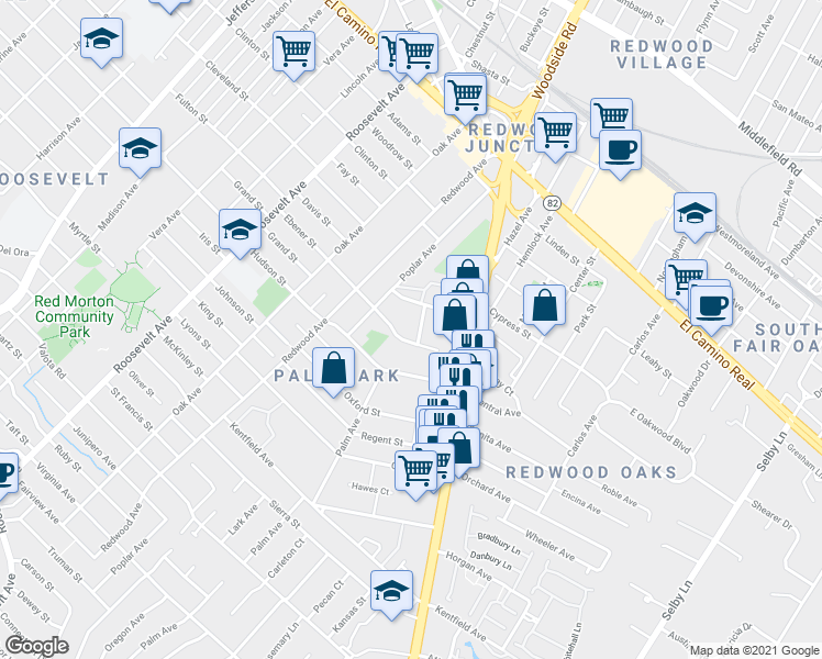 map of restaurants, bars, coffee shops, grocery stores, and more near 1445 Ebener Street in Redwood City