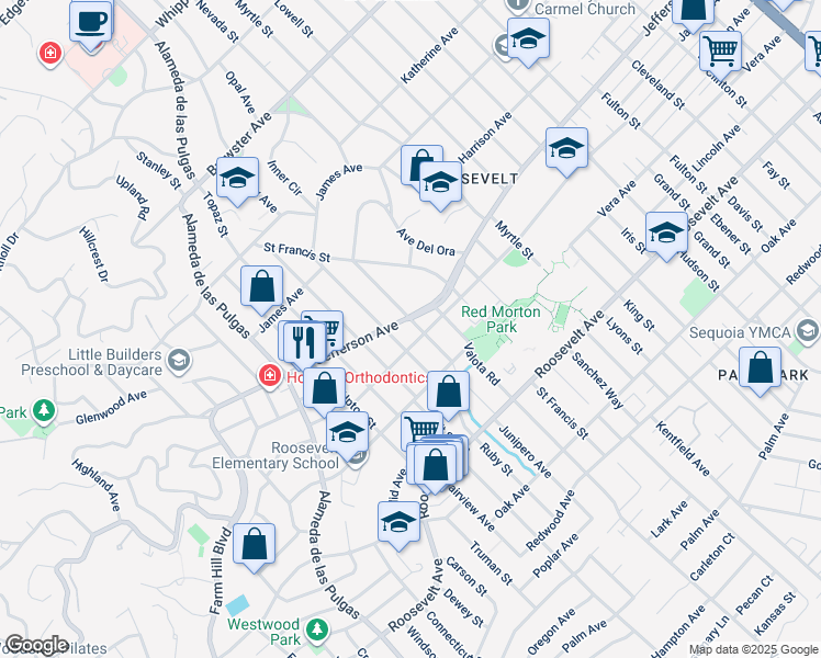 map of restaurants, bars, coffee shops, grocery stores, and more near 2707 Jefferson Avenue in Redwood City