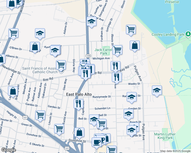 map of restaurants, bars, coffee shops, grocery stores, and more near 1670 Bay Road in East Palo Alto