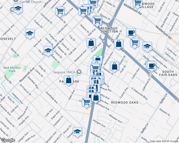 map of restaurants, bars, coffee shops, grocery stores, and more near 518 Lucerne Avenue in Redwood City
