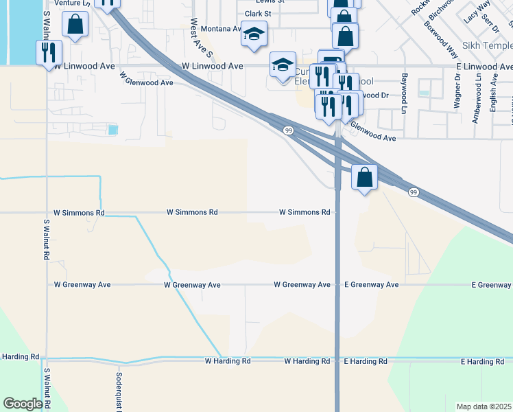map of restaurants, bars, coffee shops, grocery stores, and more near 445 West Simmons Road in Turlock