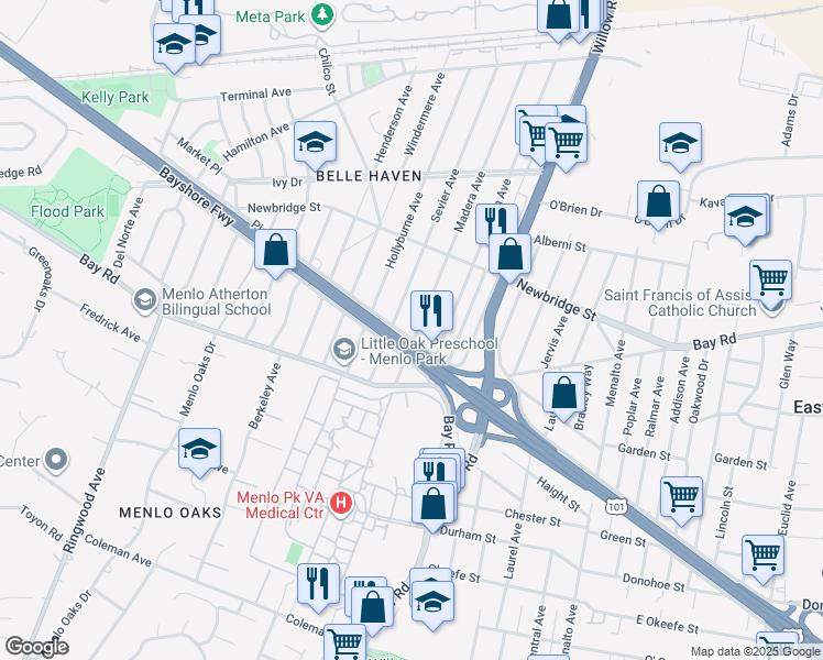 map of restaurants, bars, coffee shops, grocery stores, and more near 771 Pierce Road in Menlo Park