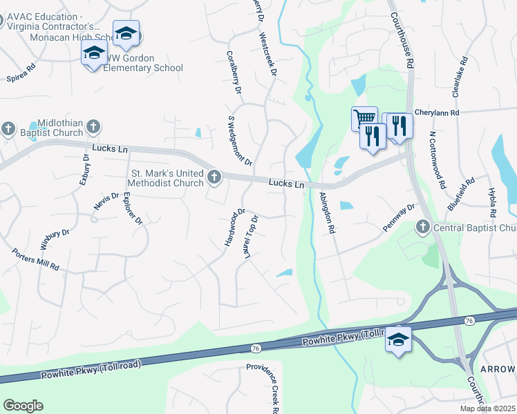 map of restaurants, bars, coffee shops, grocery stores, and more near 11430 Hardwood Drive in Midlothian