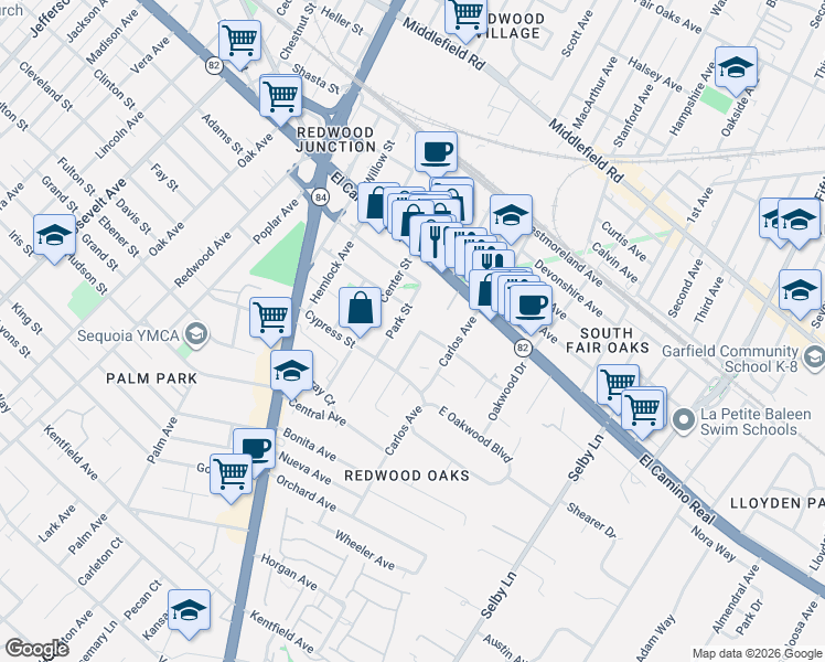 map of restaurants, bars, coffee shops, grocery stores, and more near 223 Park Street in Redwood City