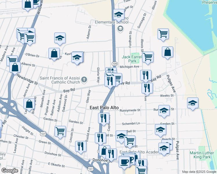 map of restaurants, bars, coffee shops, grocery stores, and more near 1590 Bay Rd in East Palo Alto