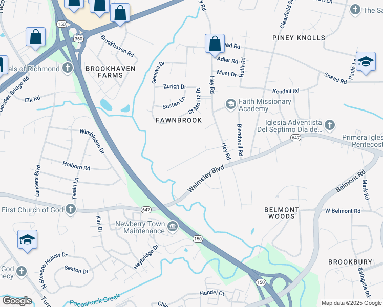 map of restaurants, bars, coffee shops, grocery stores, and more near 5916 Pocosham Drive in Richmond