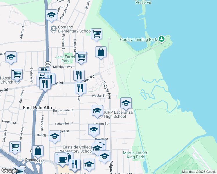 map of restaurants, bars, coffee shops, grocery stores, and more near 2450 Pulgas Avenue in East Palo Alto