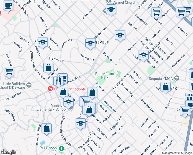 map of restaurants, bars, coffee shops, grocery stores, and more near 1455 Madison Avenue in Redwood City