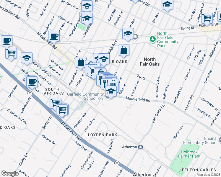 map of restaurants, bars, coffee shops, grocery stores, and more near 406 Seventh Avenue in Menlo Park