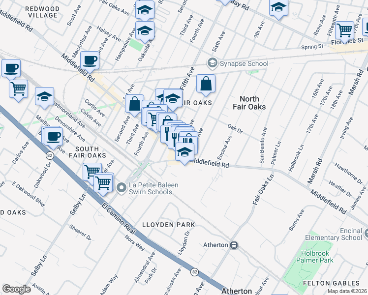 map of restaurants, bars, coffee shops, grocery stores, and more near 406 Seventh Avenue in Menlo Park