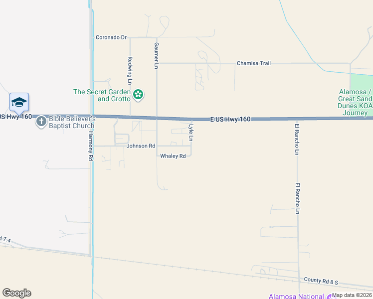 map of restaurants, bars, coffee shops, grocery stores, and more near 12464 Johnson Road in Alamosa