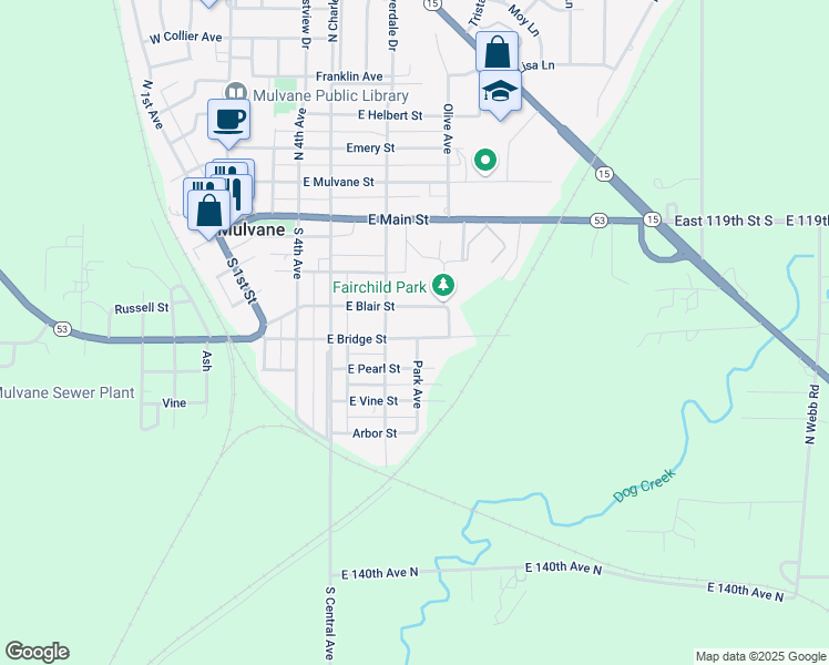 map of restaurants, bars, coffee shops, grocery stores, and more near 512 East Bridge Street in Mulvane