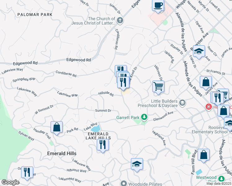 map of restaurants, bars, coffee shops, grocery stores, and more near 518 Hillside Road in Redwood City