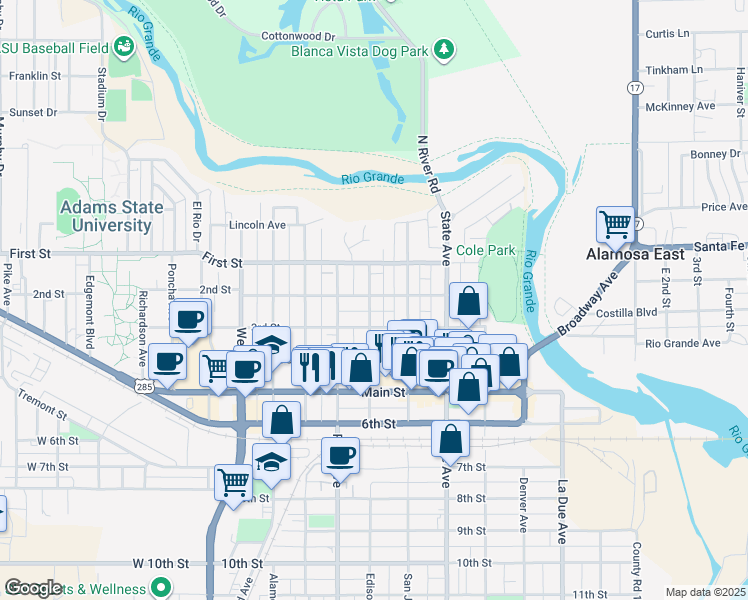 map of restaurants, bars, coffee shops, grocery stores, and more near 727 2nd Street in Alamosa