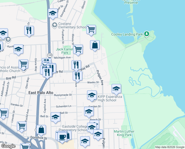 map of restaurants, bars, coffee shops, grocery stores, and more near 520 Aspen Place in East Palo Alto