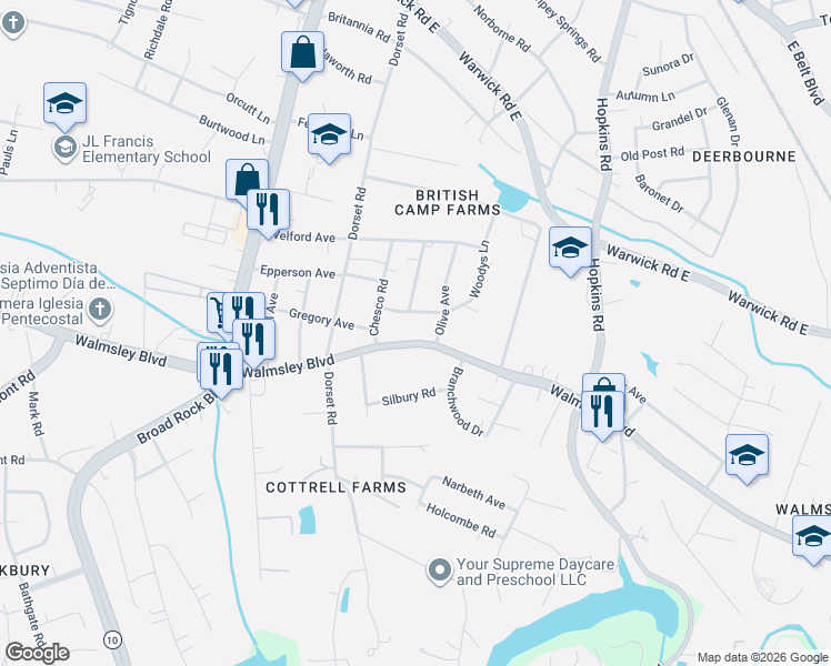 map of restaurants, bars, coffee shops, grocery stores, and more near 4207 Folsom Road in Richmond