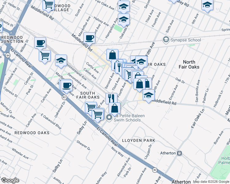 map of restaurants, bars, coffee shops, grocery stores, and more near 208 Third Avenue in Redwood City