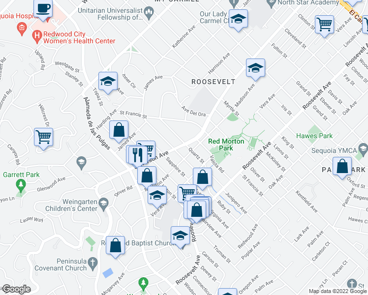 map of restaurants, bars, coffee shops, grocery stores, and more near 2707 Jefferson Avenue in Redwood City