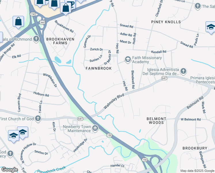 map of restaurants, bars, coffee shops, grocery stores, and more near 5916 Pocosham Drive in Richmond
