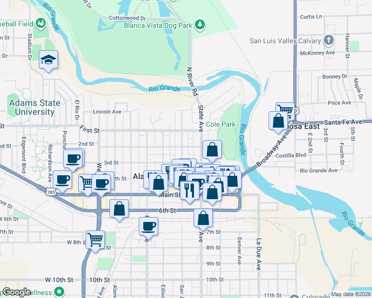 map of restaurants, bars, coffee shops, grocery stores, and more near 628 2nd Street in Alamosa