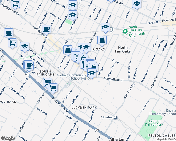 map of restaurants, bars, coffee shops, grocery stores, and more near 3233 Middlefield Road in Menlo Park