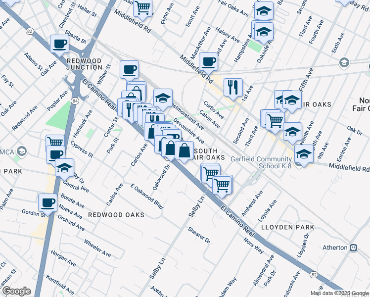 map of restaurants, bars, coffee shops, grocery stores, and more near 110 Dumbarton Avenue in Redwood City