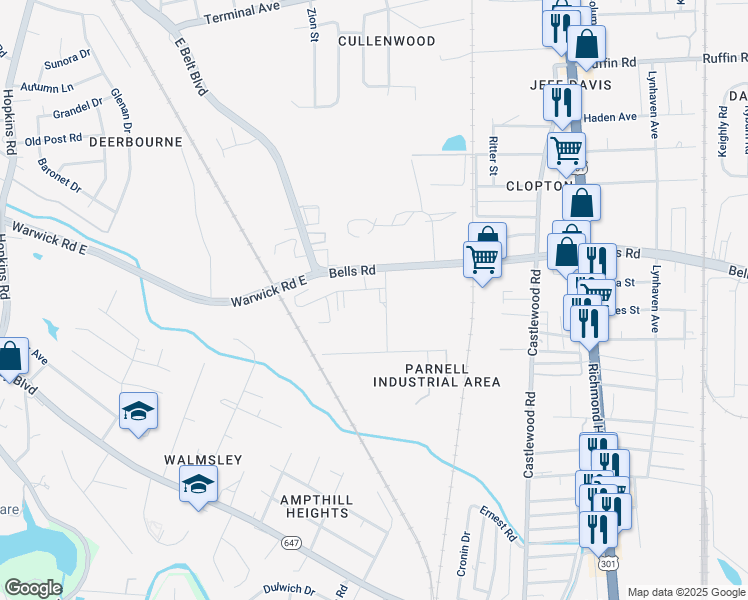 map of restaurants, bars, coffee shops, grocery stores, and more near 3920 Industry Avenue in Richmond