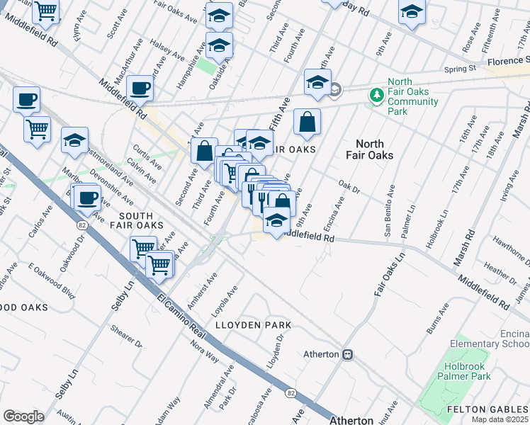 map of restaurants, bars, coffee shops, grocery stores, and more near 3253 Middlefield Road in Menlo Park