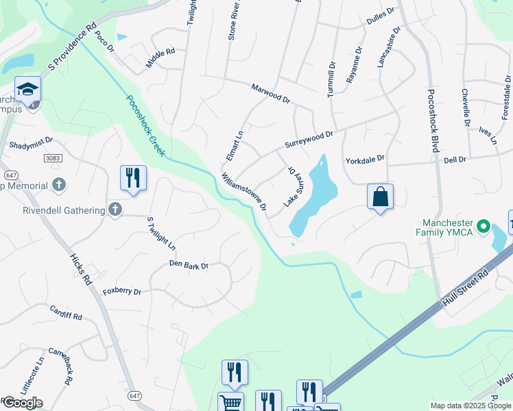 map of restaurants, bars, coffee shops, grocery stores, and more near 2116 Williamstowne Drive in Richmond