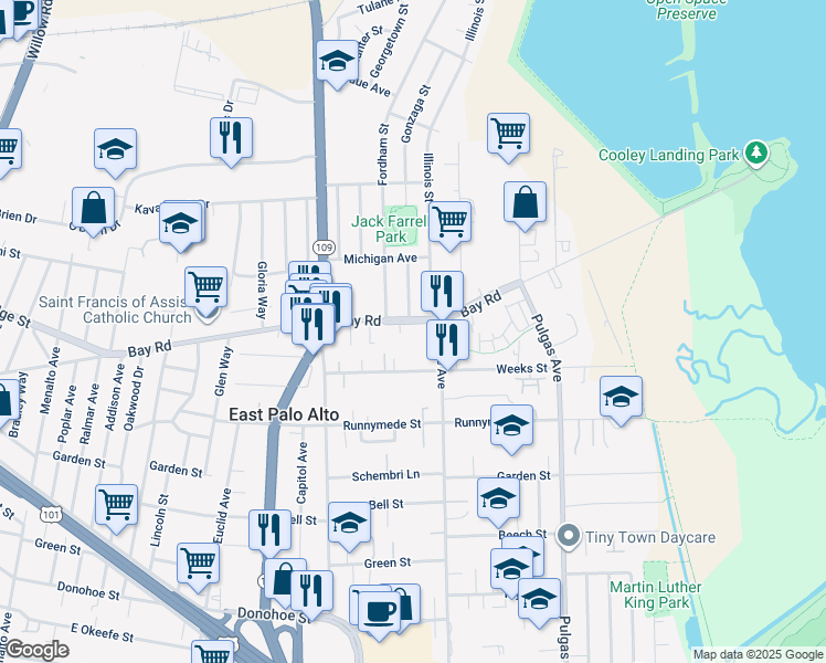 map of restaurants, bars, coffee shops, grocery stores, and more near 1760 Bay Road in East Palo Alto