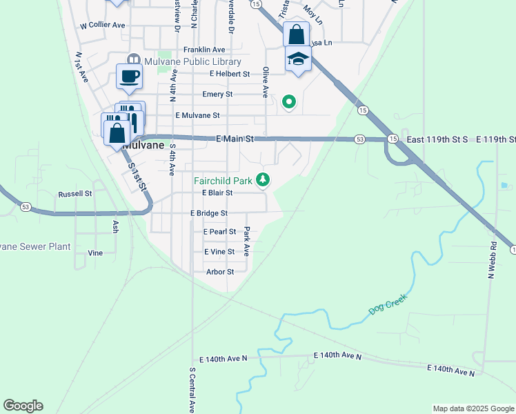 map of restaurants, bars, coffee shops, grocery stores, and more near 512 E Bridge St in Mulvane