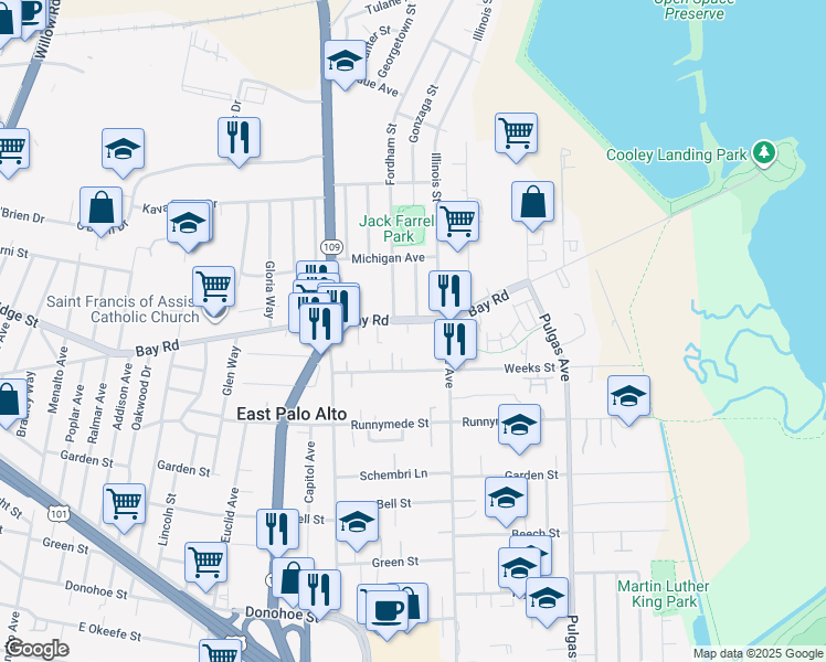 map of restaurants, bars, coffee shops, grocery stores, and more near 1760 Bay Road in East Palo Alto