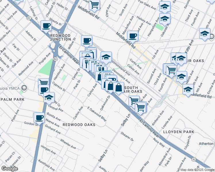 map of restaurants, bars, coffee shops, grocery stores, and more near 2776 Blenheim Avenue in Redwood City