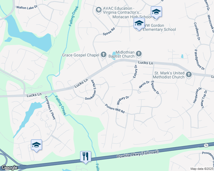 map of restaurants, bars, coffee shops, grocery stores, and more near 1406 Lockett Ridge Road in Midlothian